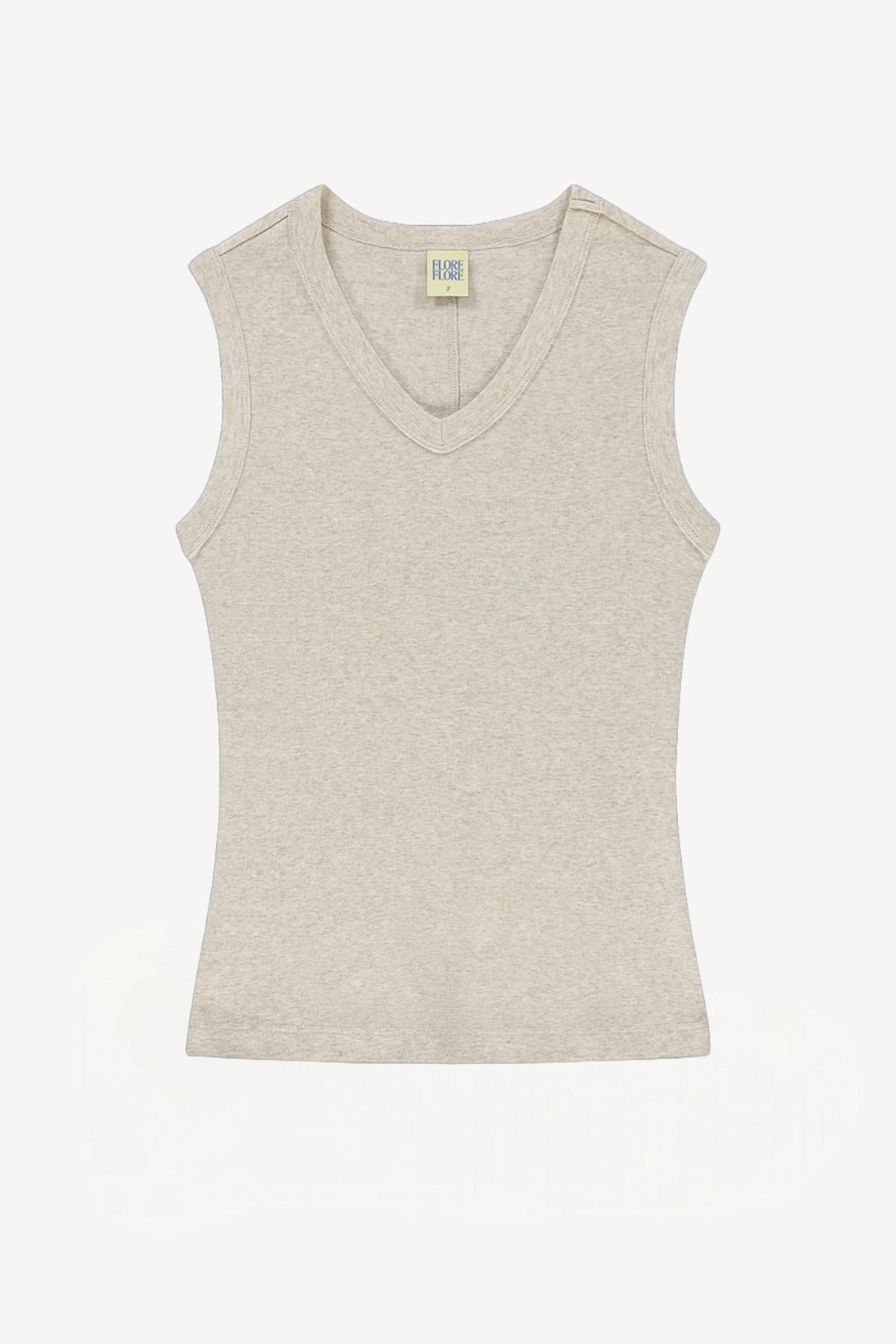 Front view of a heather grey v-neck tank on white background, with no model shown.