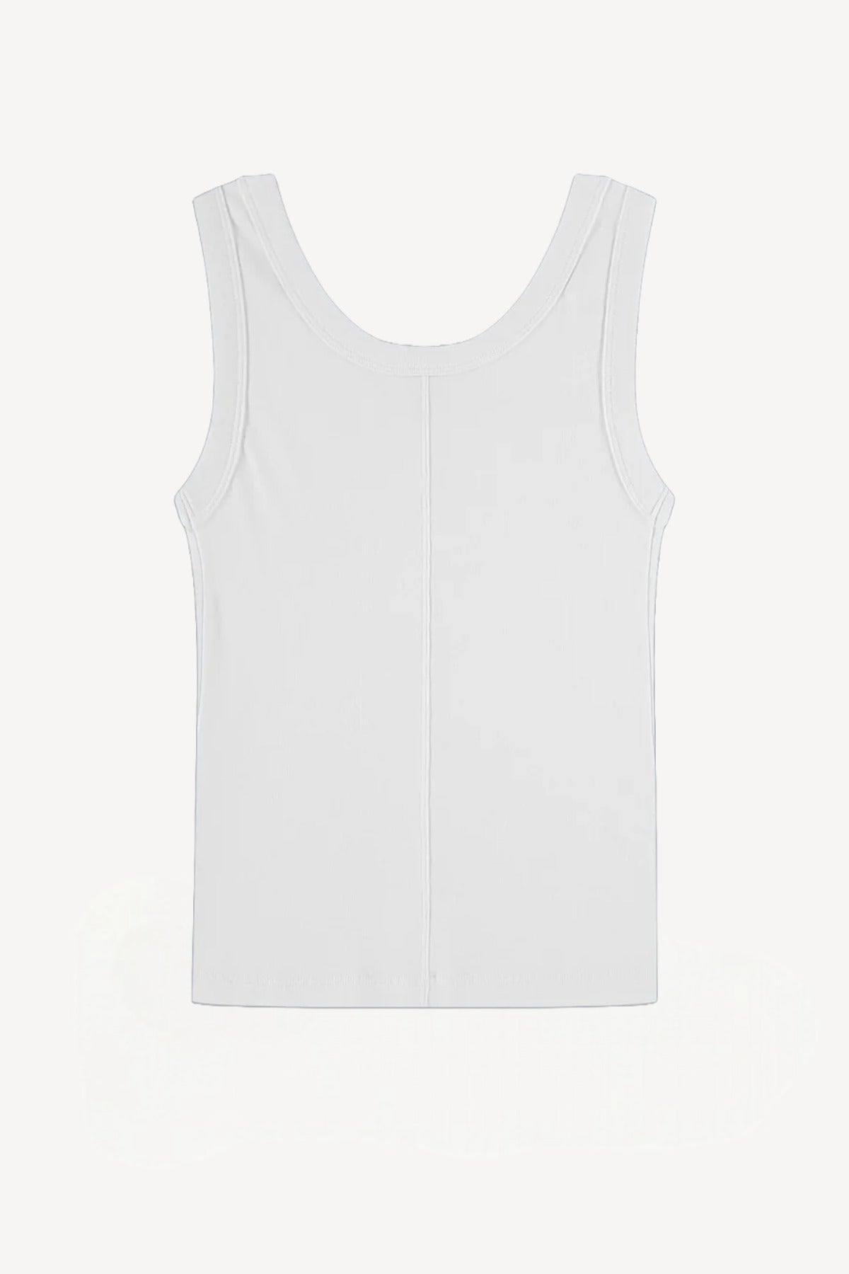 Back view of white scoop neck tank on white background, with no model shown.