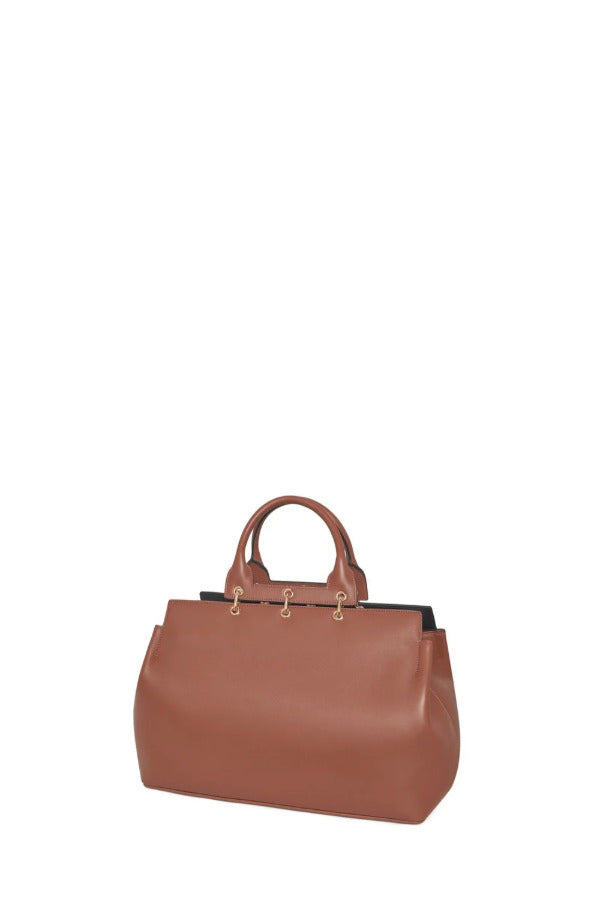Front slanted view of cognac amethyst tote on white background, with no model shown.