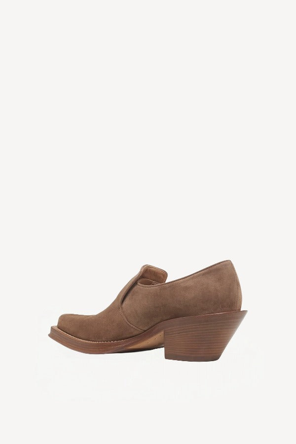 Back view of dark sand jack loafer on white background, with no model shown.