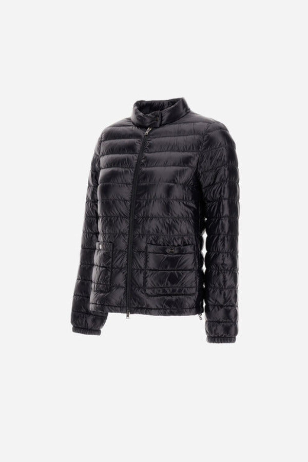 Side view of black bomber jacket on white background, with no model shown.