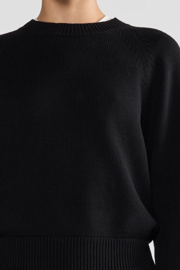 Front closeup view of black loft lara sweater on model, against a white background.