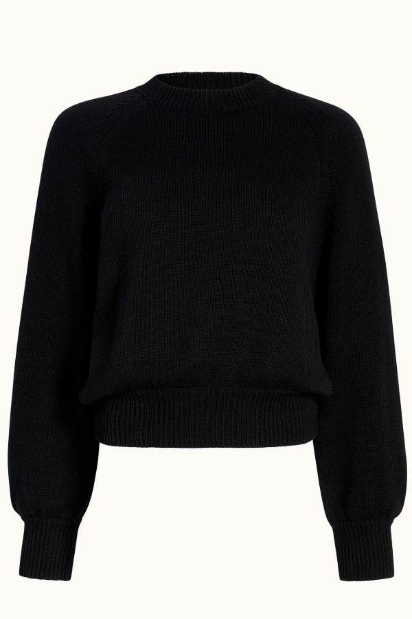 Front view of black lofty lara sweater on white background, with no model shown.
