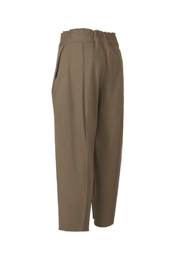 Side view of khaki campagne pants on white background, with no model shown.