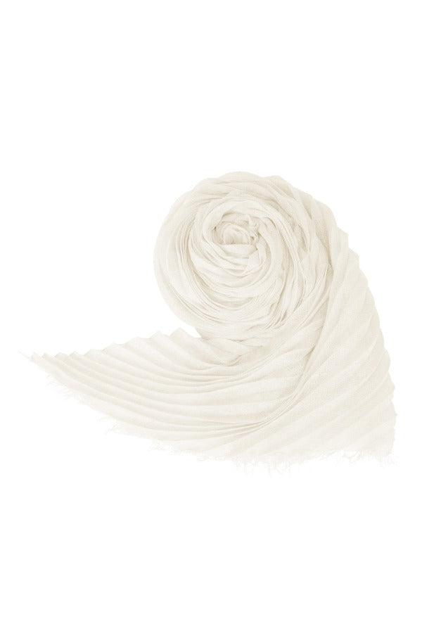 Front view of white coiled silk wool pleats stole on white background, with no model shown.
