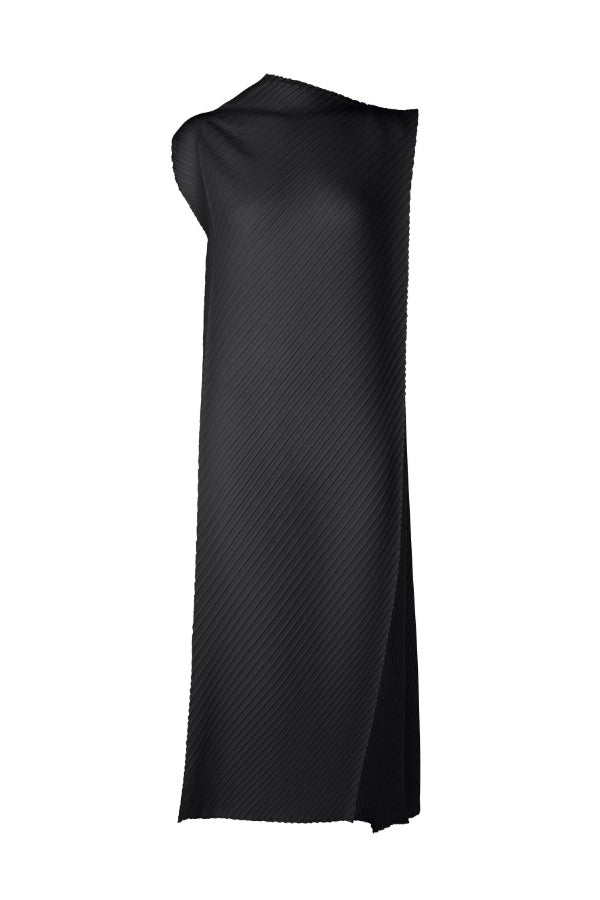 Front view of black soft fold pleats dress on white background, with no model shown.