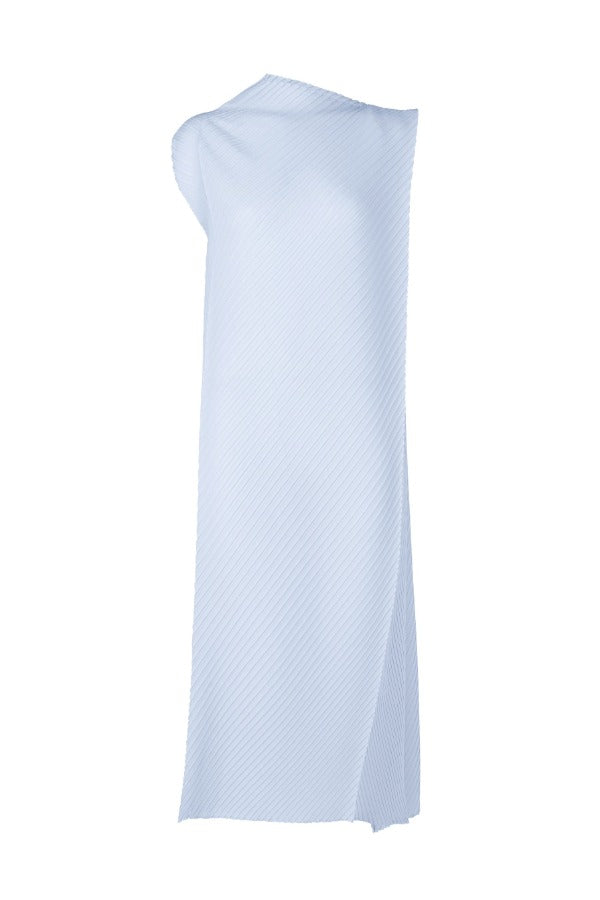 Front view of light blue soft fold pleats dress on white background, with no model shown.