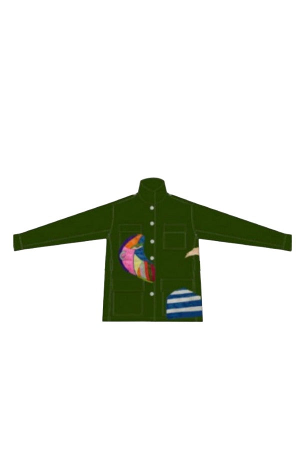Front view of khaki pablo picasso jacket on white background, with no model shown.