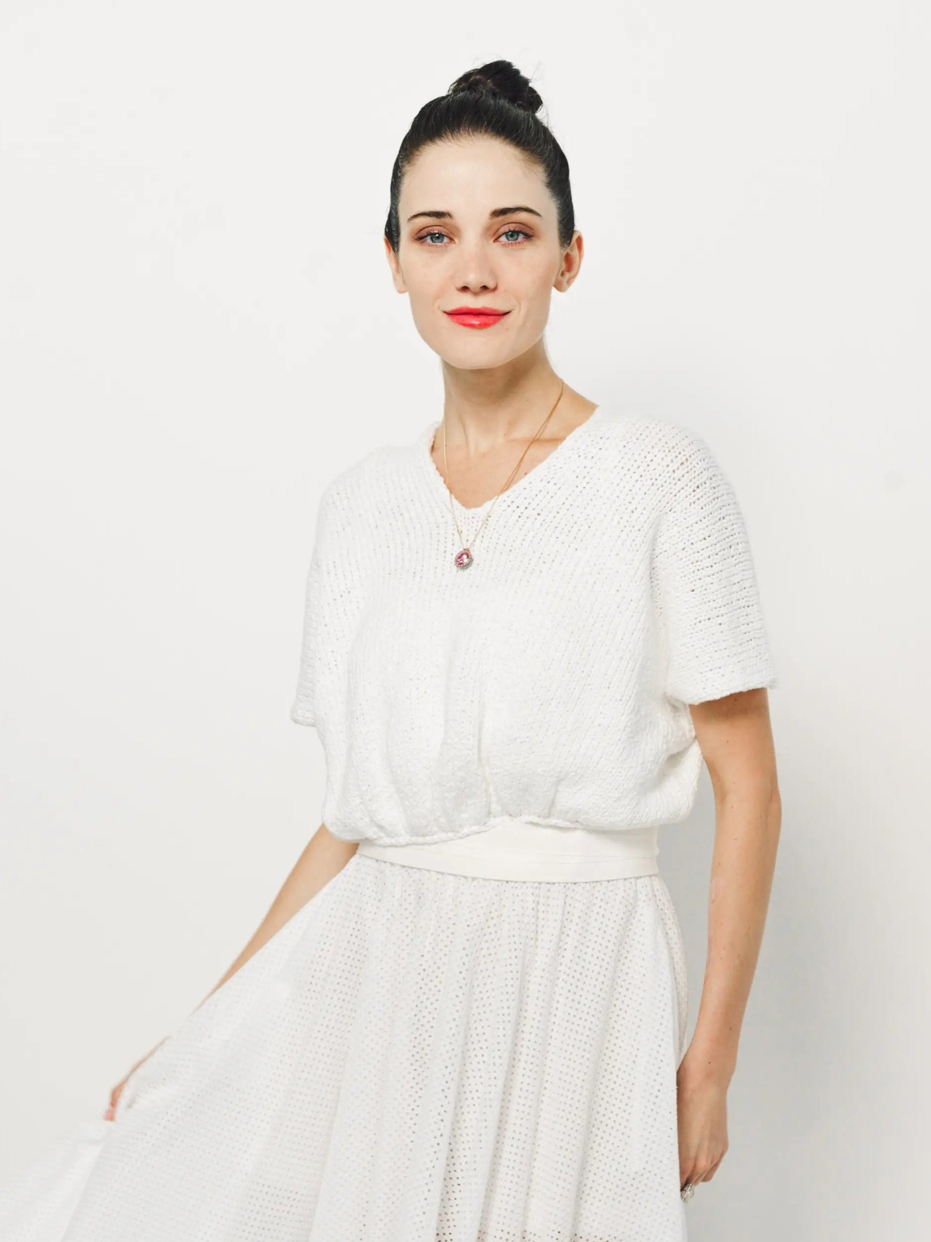 Louiza Babouryan Cotton V Neck Top XS / White