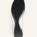 Sole view of silver ballerina flats on white background, with no model shown.