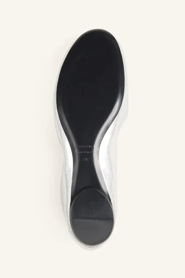 Sole view of silver ballerina flats on white background, with no model shown.