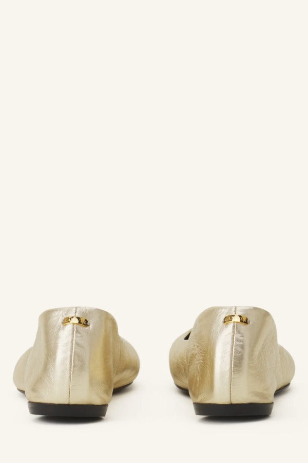 Back view of gold ballerina flats on white background, with no model shown.