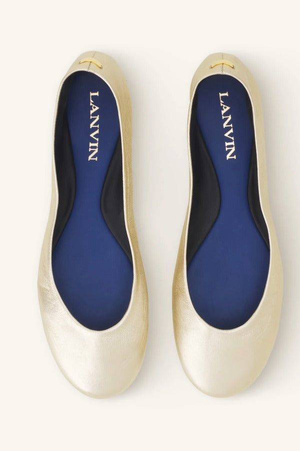 Overhead view of gold ballerina flats on white background, with no model shown.