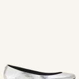 Right side view of silver ballerina flat on white background, with no model shown.