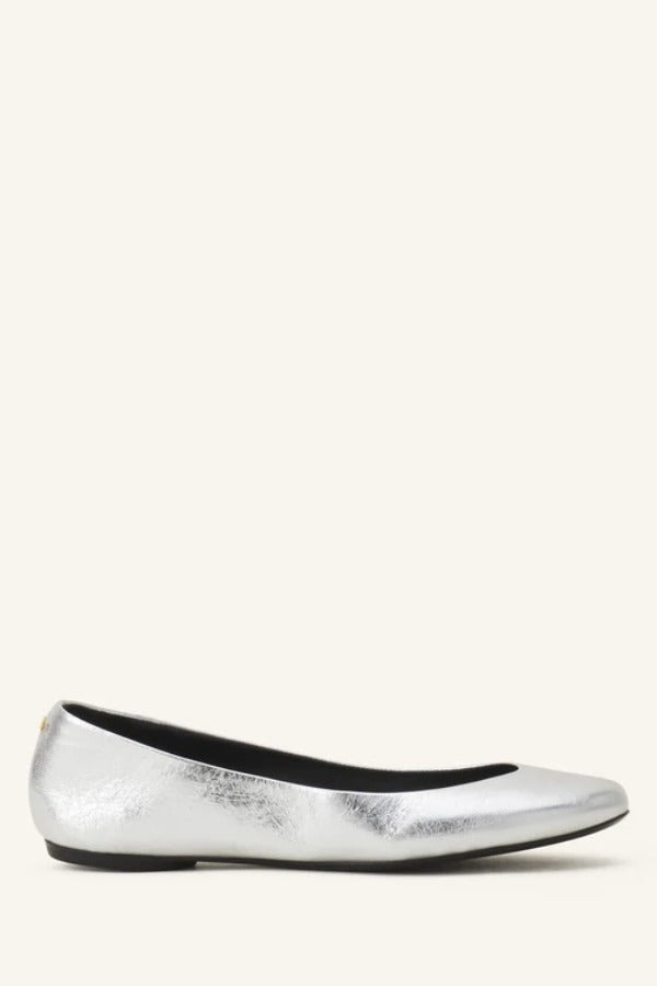 Right side view of silver ballerina flat on white background, with no model shown.