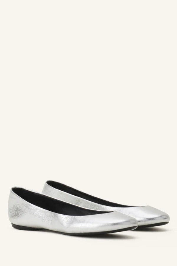 Pair view of silver ballerina flats on white background, with no model shown.