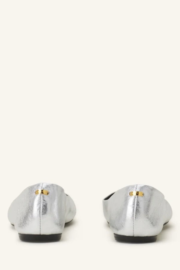 Back view of silver ballerina flats on white background with no model shown.