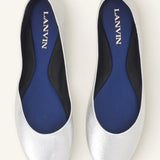 Overhead view of silver ballerina flats on white background, with no model shown.