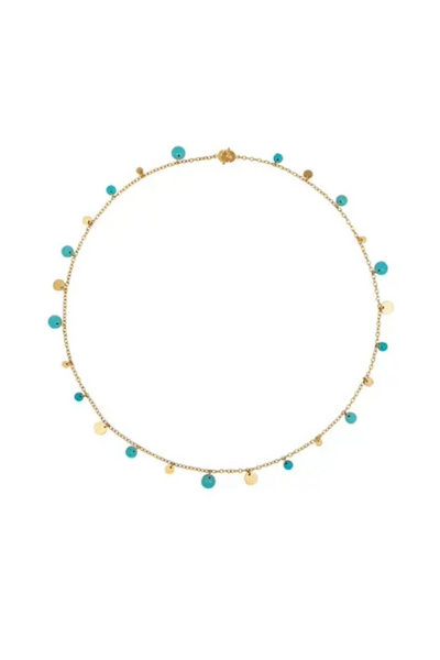 22K Yellow Gold 17" Extra Small Dangling Sequins and Turquoise Necklace