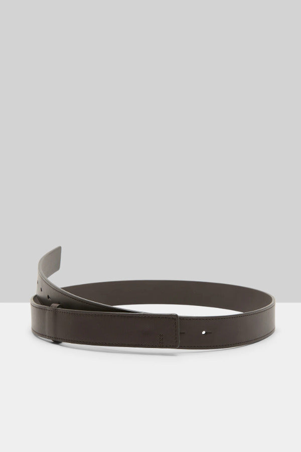 Side view of dark brown marsell men's saldo belt on white background, with no model shown.