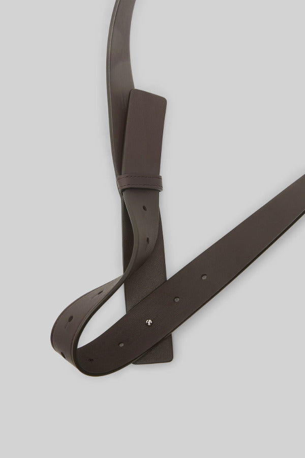 Belt Loop view of dark brown marsell men's saldo belt on white background, with no model shown.