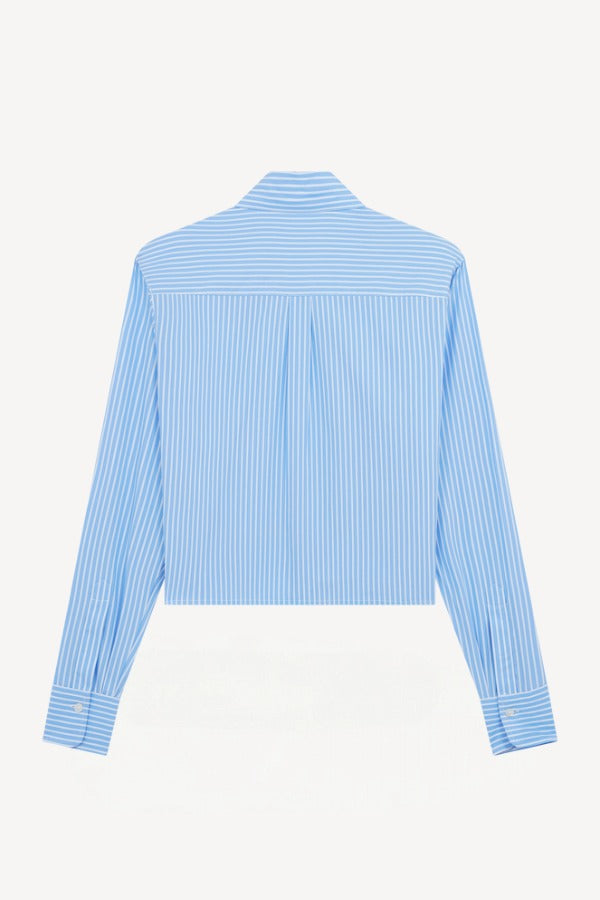 Back view of blue/white button embroidered cropped shirt on white background, with no model shown.