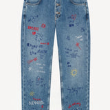 Front view of denim embroidered scribble jean on white background, with no model shown.