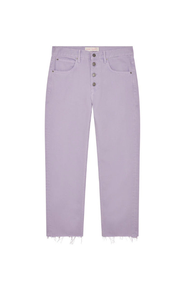 Front view of lilac garment dyed jeans on white background, with no model shown.