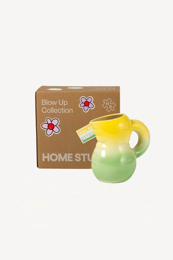 Alternate front view of yellow hand sprayed ombre jug on box white background, with no model shown.