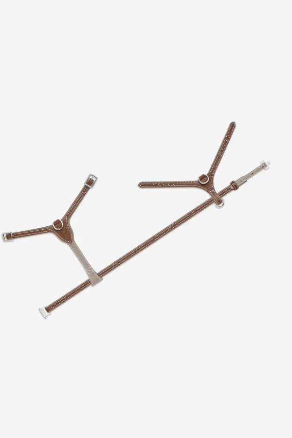 Open view of walnut petite harness on white background, with no model shown.