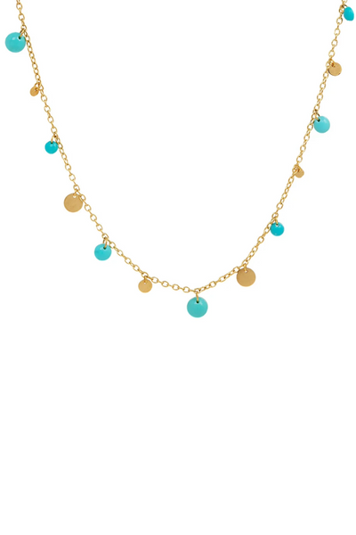 22K Yellow Gold 17" Extra Small Dangling Sequins and Turquoise Necklace