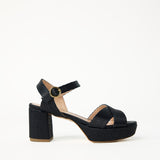 Alternate right side view of black raffia deidre platform on white background, with no model shown.