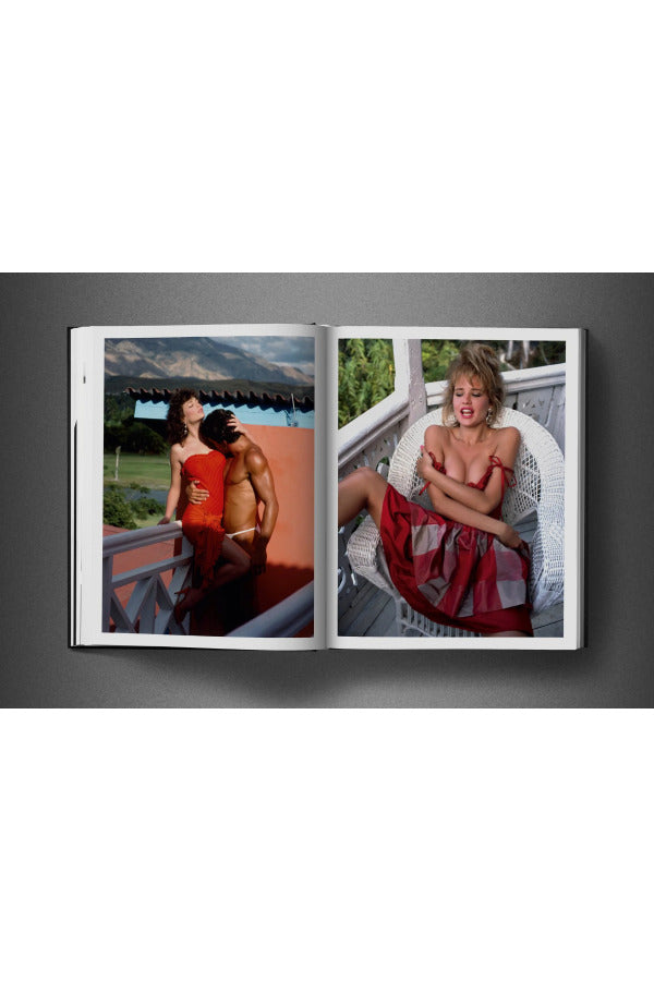 Open view of taschen david bailey eighties book on charcoal background.