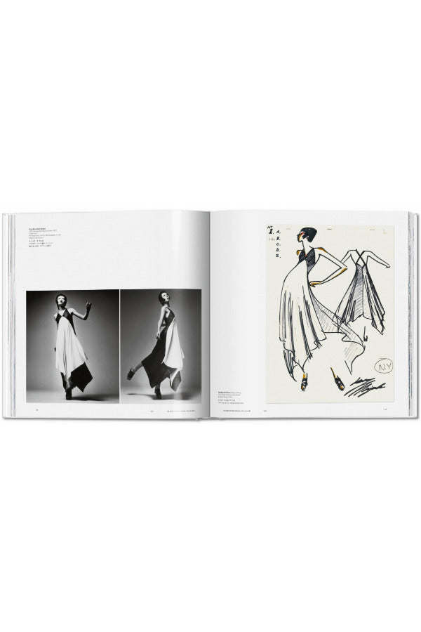 Open book view of taschen issey miyaki book on white background.