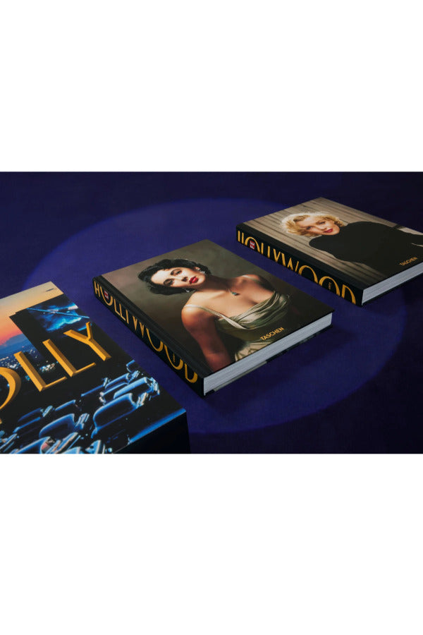 Side by Side view of two included books for taschen life hollywood on blue background.