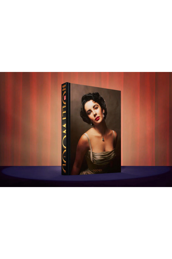 Front view of one book of taschen life hollywood on red and blue background.