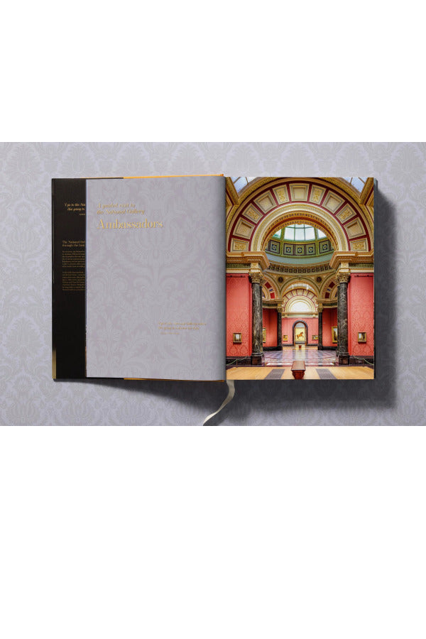 Open view of taschen national gallery paintings, people book on light colored tablecloth.