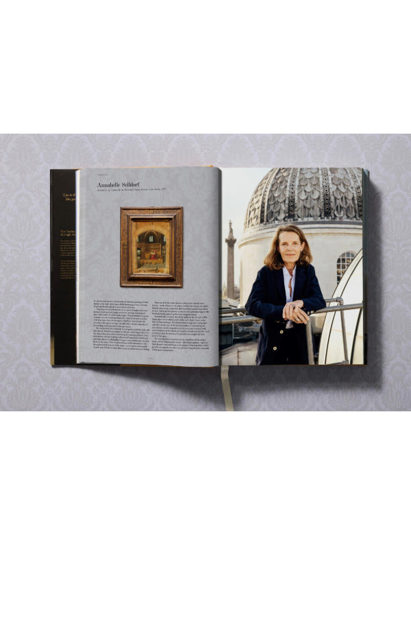 Open view of taschen national gallery paintings, people book on light colored tablecloth