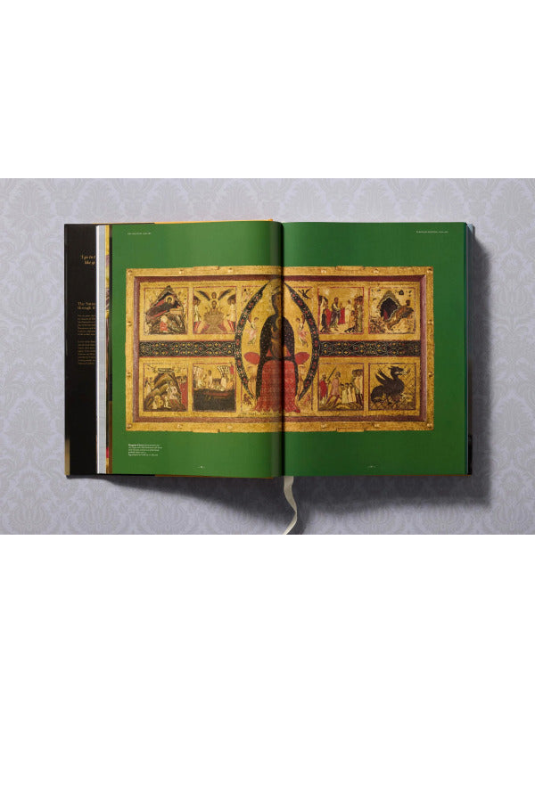 Open view of taschen national gallery paintings, people book on light colored tablecloth.