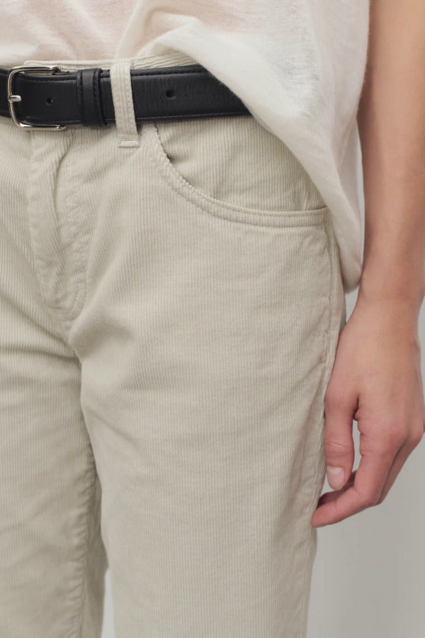 Closeup view of ice carlyl pant on model wearing white t-shirt and black belt, against a white background.