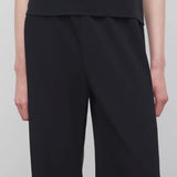 Front closeup view of black gala pant on model wearing black top, against a white background.