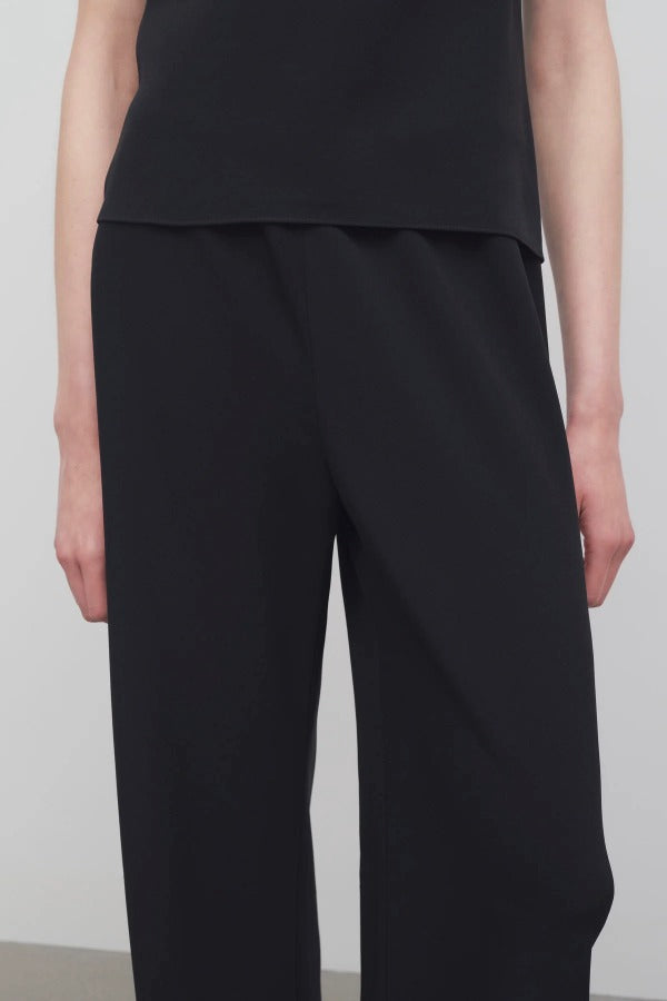 Front closeup view of black gala pant on model wearing black top, against a white background.