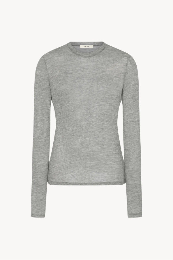 Front view of grey melange iverness top on white background, with no model shown.