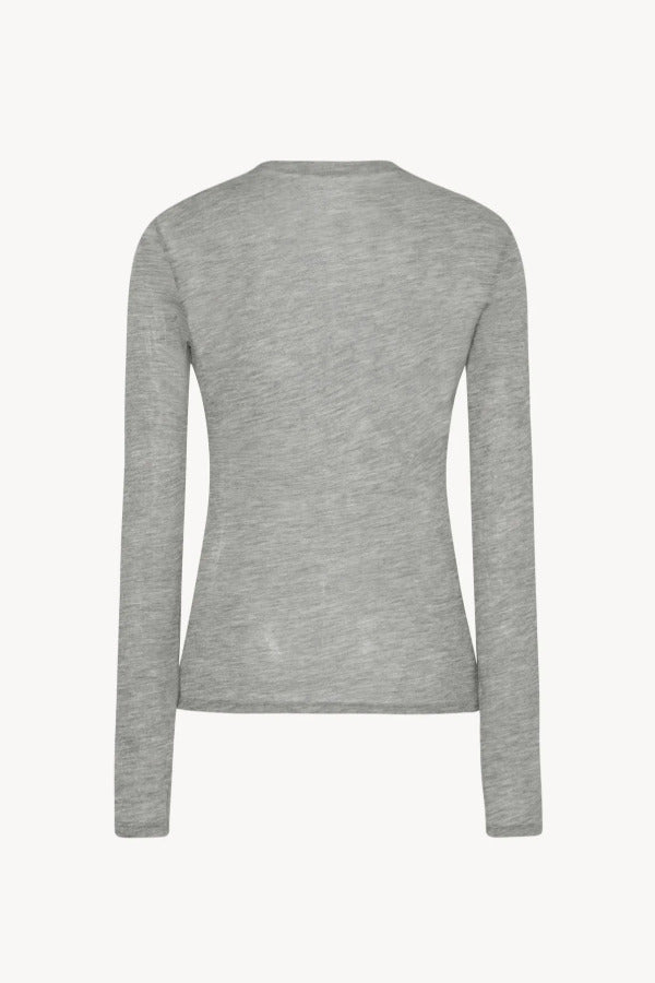 Back view of grey melange iverness top on white background, with no model shown.