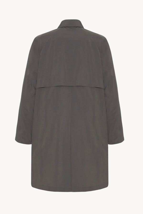 Back view of grey cobalt men's hesper coat on white background, with no model shown.