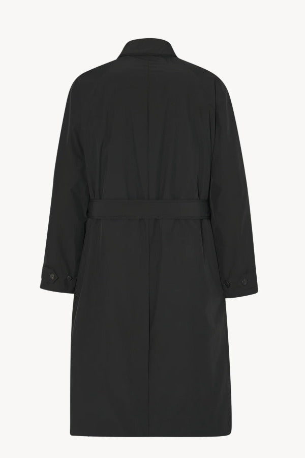 Back view of black tarian coat on white background, with no model shown.