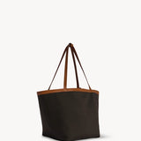 Front slanted view of brown park tote three canvas on white background, with no model shown.