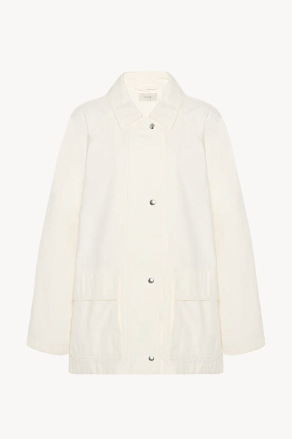 Front view of white button down elodianna jacket on white background, with no model shown.