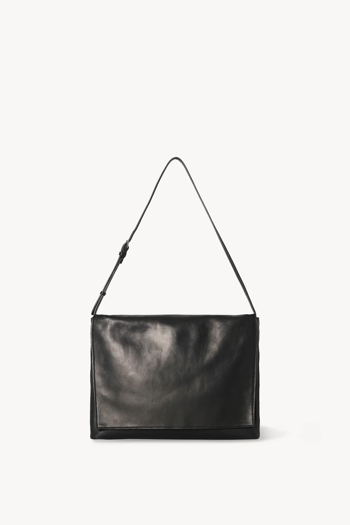 Front view of black leather bag on white background, with no model shown.