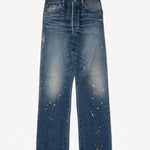 Front view of damaged social sculpture w18 jean on white background, with no model shown.